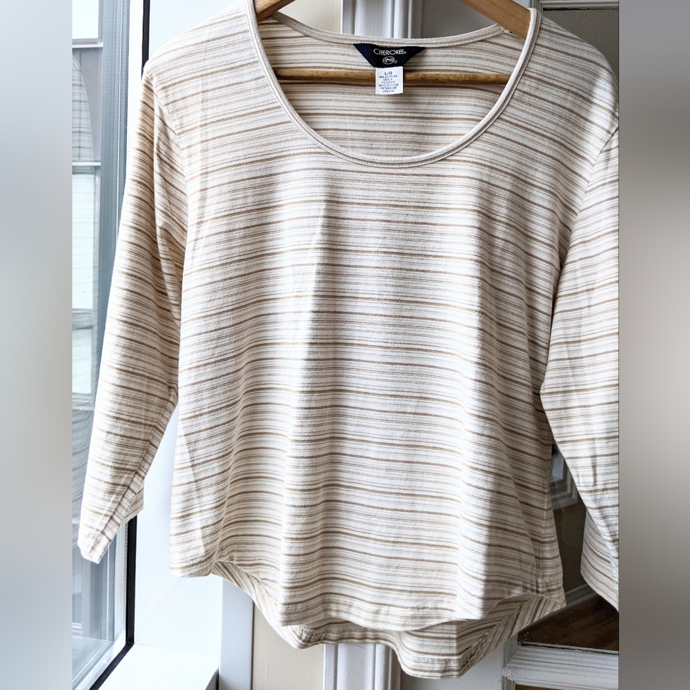 Cotton, Neutral Autumn Top with Stripes Size Large.
